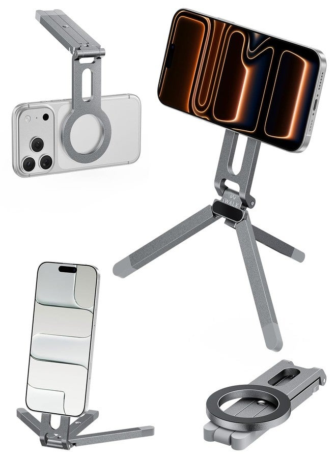 iWALK Magnetic Foldable Metal Phone Stand for iPhone, Strong Magnet Mini Cell Phone Tripod Stand for Vlog, Gym, Travel Essentials Compatible with iPhone 17, 16, 15, 14, 13, 12 Series, Silver - Image 1