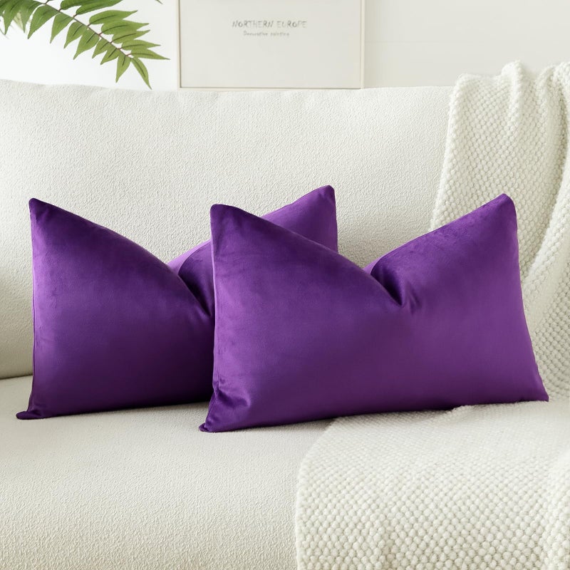 JOTOM Set of 2 Velvet Soft Solid Cushion Covers 30x50 cm Decorative Throw Pillow Covers Soft Lumbar Cushion Case Couch Home Decor Throw Pillow Cases for Sofa Bedroom 12x20 Inch Purple