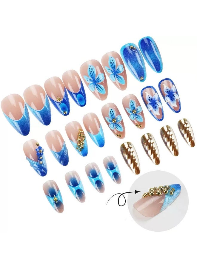 Goolsky أظافر ضغط من الفولاذ مزينة بالزهور الزرقاء والنجوم ثلاثية الأبعاد المذهلة - Image 5