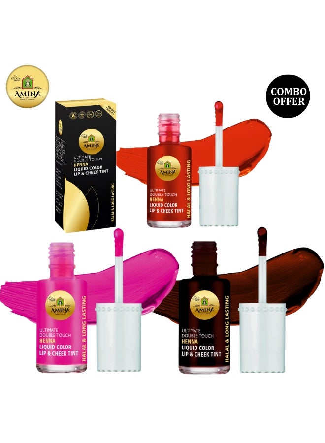 أمينا أمينة ألتيميت دبل تاتش كومبو من اللون الوردي والبني والأحمر الكرزي، أول لون سائل للشفاه والخدود بقاعدة حناء/حناء يدوم طويلًا (عبوة من 3 قطع) - Image 1