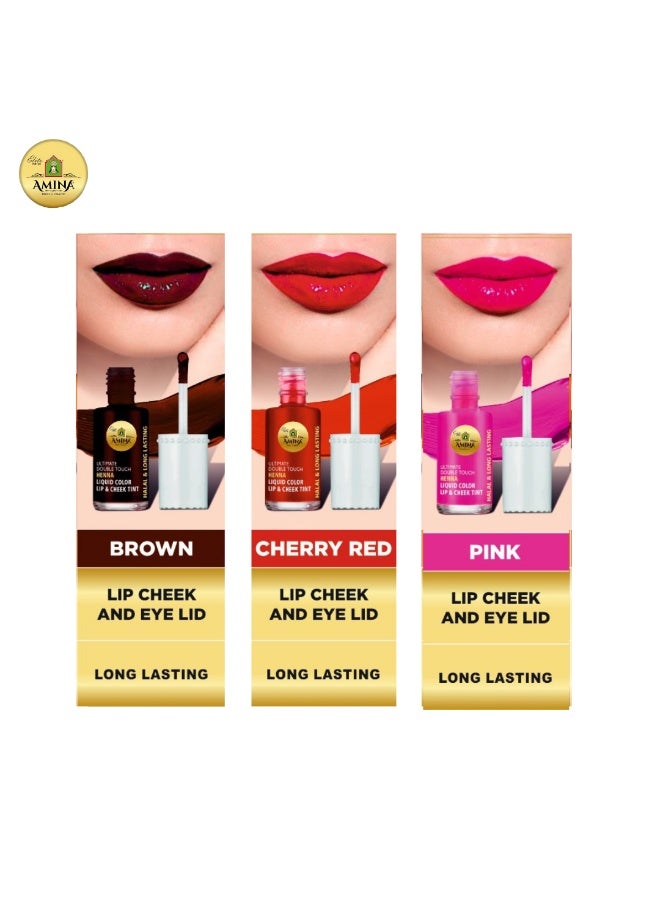 أمينا أمينة ألتيميت دبل تاتش كومبو من اللون الوردي والبني والأحمر الكرزي، أول لون سائل للشفاه والخدود بقاعدة حناء/حناء يدوم طويلًا (عبوة من 3 قطع) - Image 2
