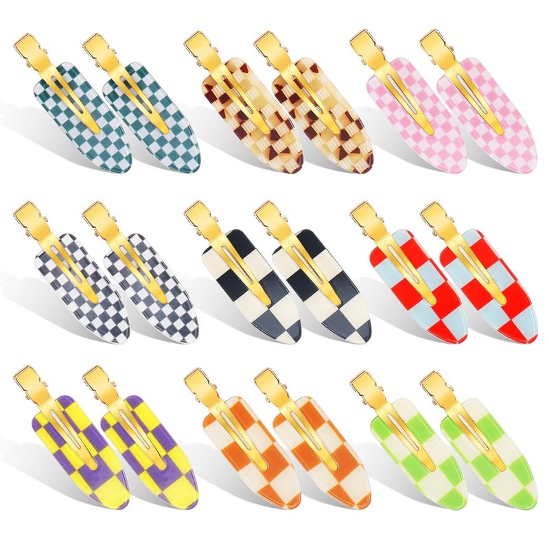 18PCS No Bend Hair Clips Checkerboard No Crease Curl Pins Acrylic Resin Flat Styling Colorful Bang Seamless Duckbill Barrette for Makeup Hairstyle Accessories for Women Girls