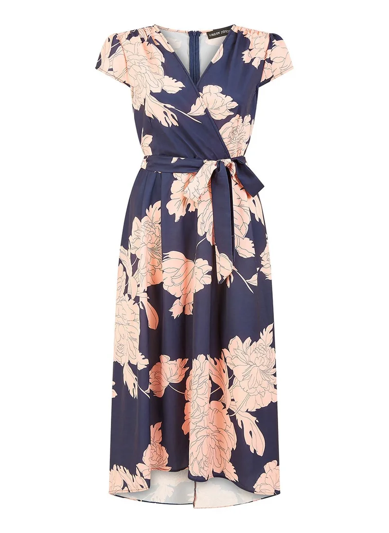 يامي Yumi Navy Blossom Print Wrap Midi With Dipped Hem