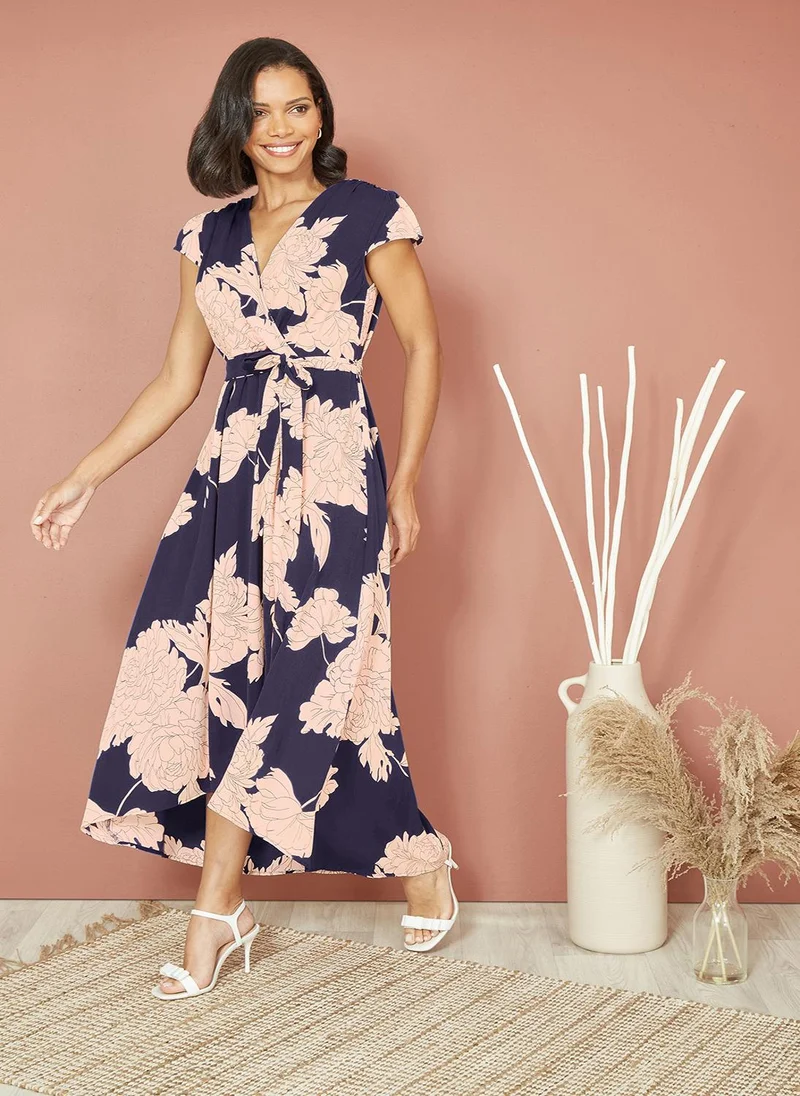 يامي Yumi Navy Blossom Print Wrap Midi With Dipped Hem