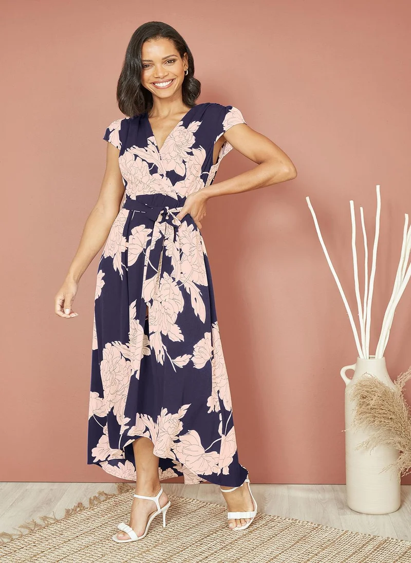 يامي Yumi Navy Blossom Print Wrap Midi With Dipped Hem