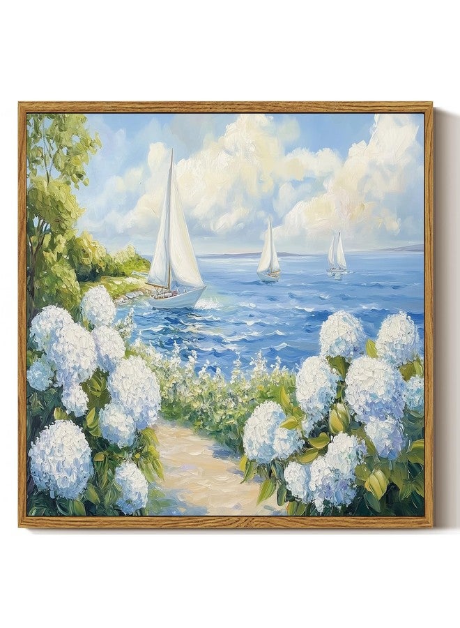 ARPEOTCY 12x16 Inch Coastal Sailboat Wall Art, Framed Canvas Nautical Landscape Painting with Hydrangeas for Bathroom Bedroom Living Room Cottagecore Nature Decor - Image 1
