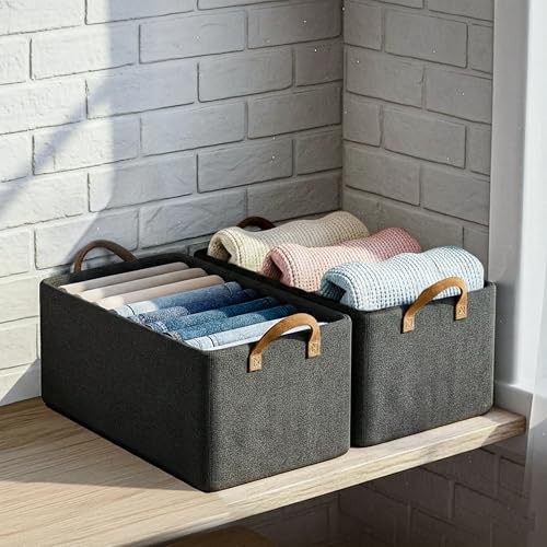 CLAPONE Foldable Storage Box and Organiser with Metal Frame/Woven Fabric Clothes Organiser with Handle/Wardrobe Organizer for Storage/Almirah Organizer for Shirts/Sweater/Jeans (grey, 2 pcs) - Image 1