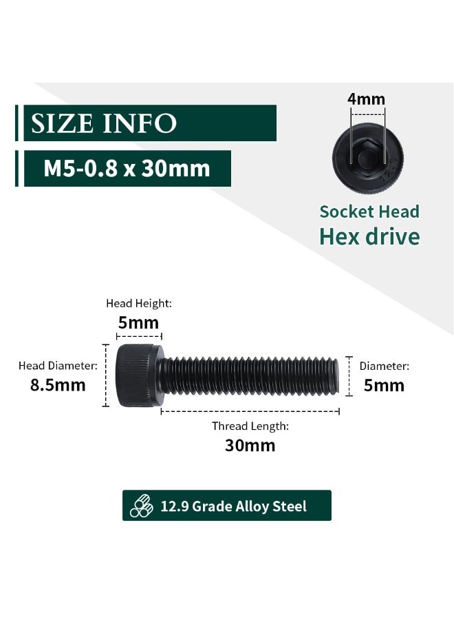 M5-0.8 x 30mm (50 pcs) Socket Head Cap Screws, 12.9 Grade Alloy Steel, Black Oxide Finish, Full Thread, Coarse Thread UNC, Allen Hex Drive - Image 3
