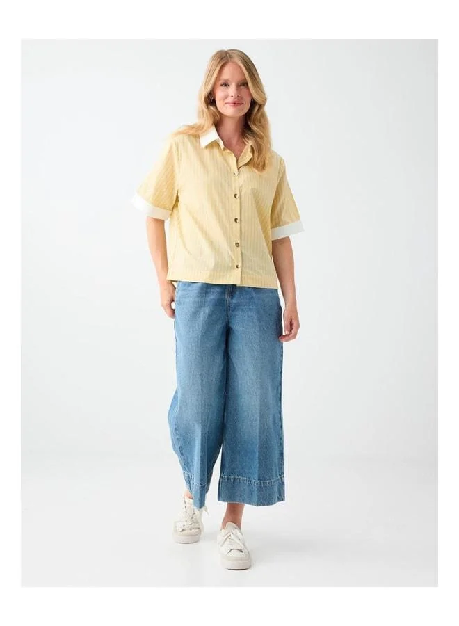 Jimmy Key Yellow Collar Elbow Sleeve Striped Shirt.