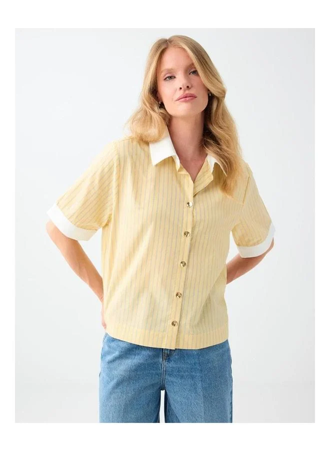 Jimmy Key Yellow Collar Elbow Sleeve Striped Shirt.