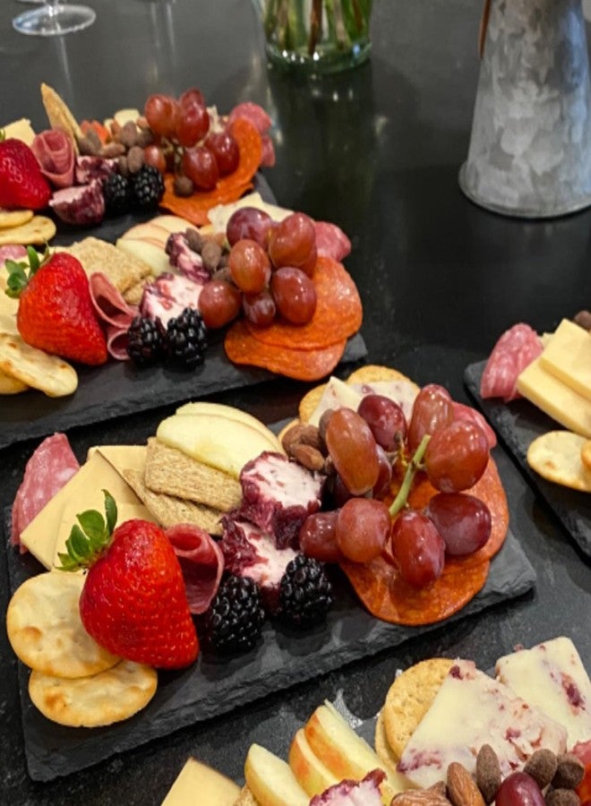 MOUYAT 8 Pack 10 x 5 Inch Black Slate Plates, Rectangular Slate Cheese Board with Natural Edge, Natural Stone Plates Cutting Board Charcuterie Boards for Cheese, Sushi, Meat, Appetizers - Image 5