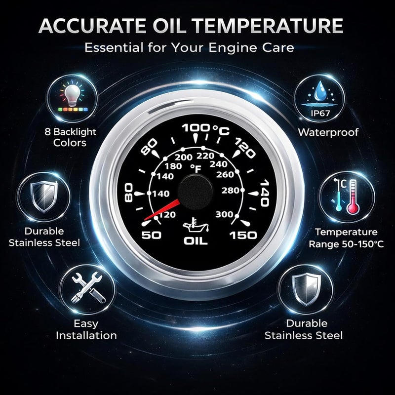 2in Digital Oil Temperature Gauge, 50-150℃, 361-19ohm, Black Dial Silver Bezel - 8 Color Backlight, IP67 Waterproof, Universal Vehicle Monitoring - Image 3