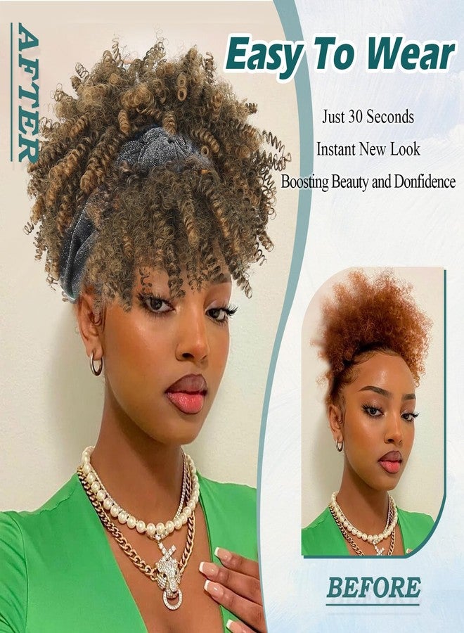 DEYNGS Afro Headband Wig Blonde Kinky Curly Headband Wig with Bangs Head-Wrap Wigs 2 in 1 Ombre Afro Puff With Bangs for Women Synthetic Half Wigs - Image 2