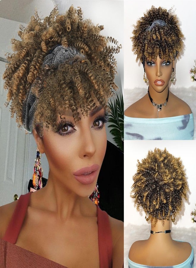 DEYNGS Afro Headband Wig Blonde Kinky Curly Headband Wig with Bangs Head-Wrap Wigs 2 in 1 Ombre Afro Puff With Bangs for Women Synthetic Half Wigs - Image 1