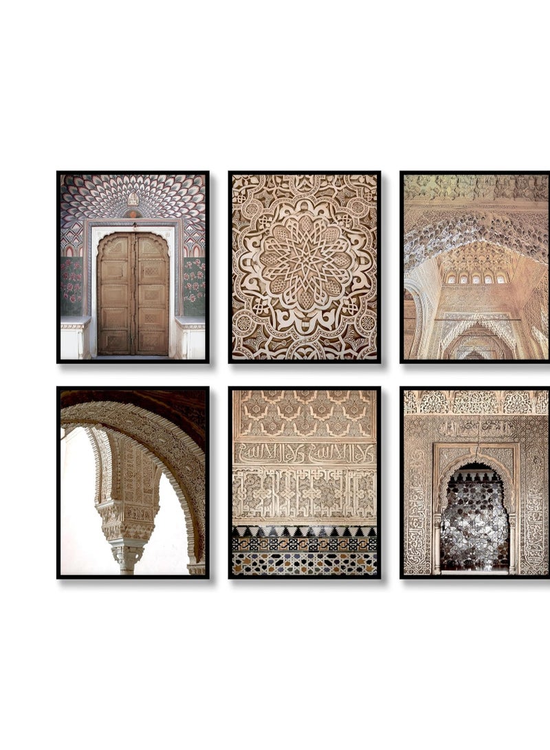 مؤسسة فكرة اليوم مجموعة من 6 ملصقات مطبوعة على قماش لفن العمارة المغربية من أفكار اليوم لأبواب عربية وأقواس مسجد | ديكور حائط أنيق لغرفة المعيشة وغرفة النوم والمكتب (بدون إطار - 2، 8 × 10 بوصة) - Image 1