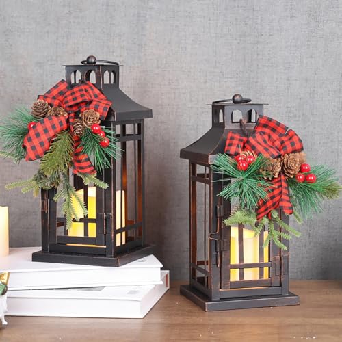 NEEDOMO 2 Pcs Christmas Decorations Indoor Outdoor Christmas Led Lanterns Decorative for Table Centerpieces Vintage Metal Hanging Candle Holder Home Decor for Party Living Room Patio Porch - Image 1