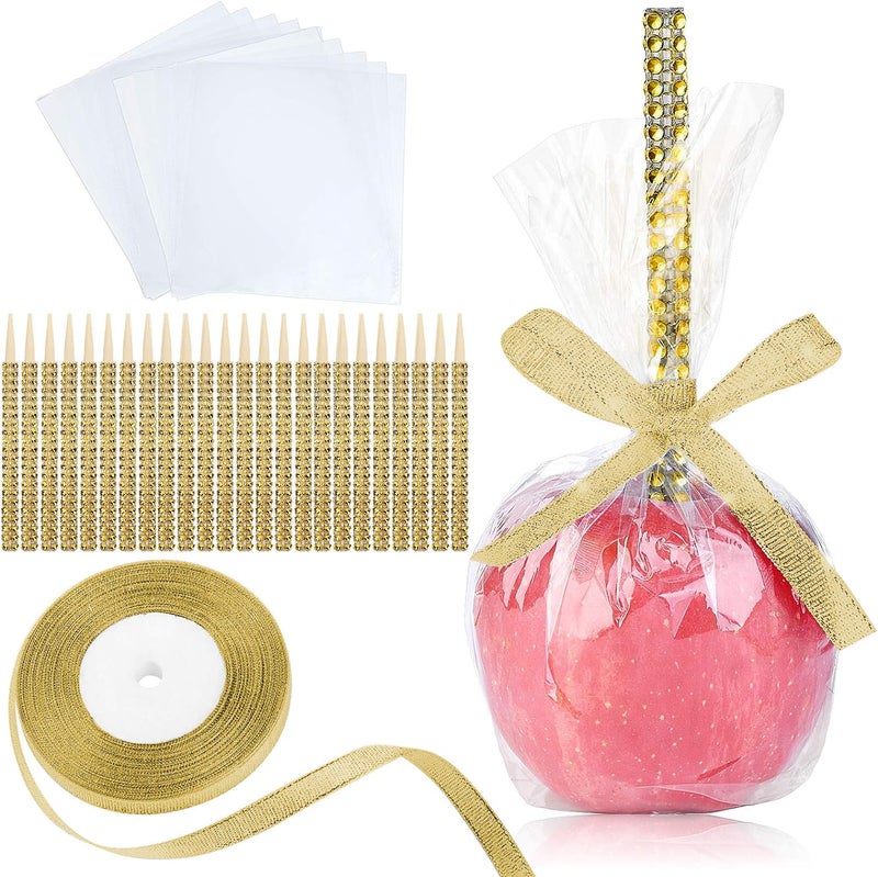 MGWOTH 24 Pack Bling Candy Apple Sticks and Bags Kits Caramel Apple Wooden SkewersFood Bamboo Decorative Sticks for Rice Krispie Treats Cookie Cake Pops Corn Dogs with Glass Wrapper Glitter Ribbons Tie 