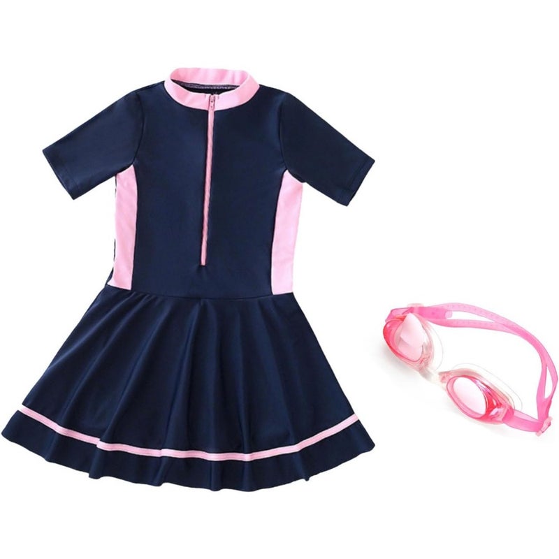 One-Piece Swim Dress for Grils with Swim Goggles Cartoon Short Sleeve Swimwear, Quick Dry and Sun Protection - Image 1