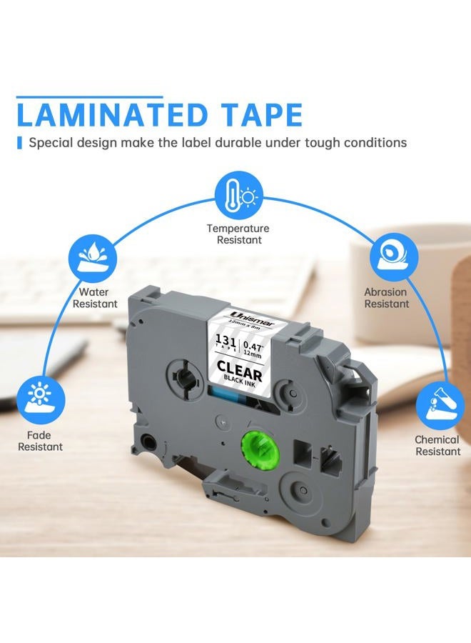 Unismar TZ Tape 12mm 0.47 Laminated Clear Label Tape TZe-131 TZe 131 TZ-131 Compatible for Brother P-Touch Label Makers PT-D210 PT-H110 PT-D400AD PT-P900W PT-P950NW Labeler Black on Clear 1/2" - Image 2