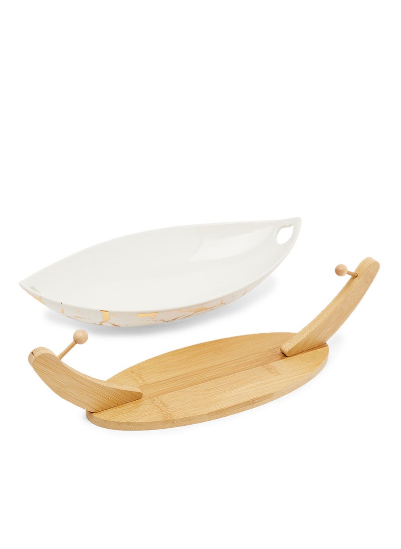 Simply Kitchen - Oval Fruit Bowl With Bamboo Tray White/Gold - Image 1