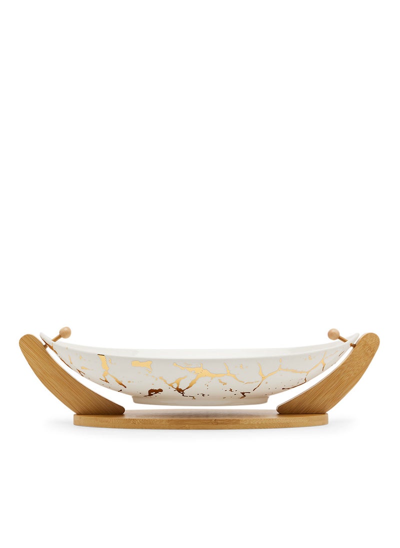 Simply Kitchen - Oval Fruit Bowl With Bamboo Tray White/Gold - Image 1