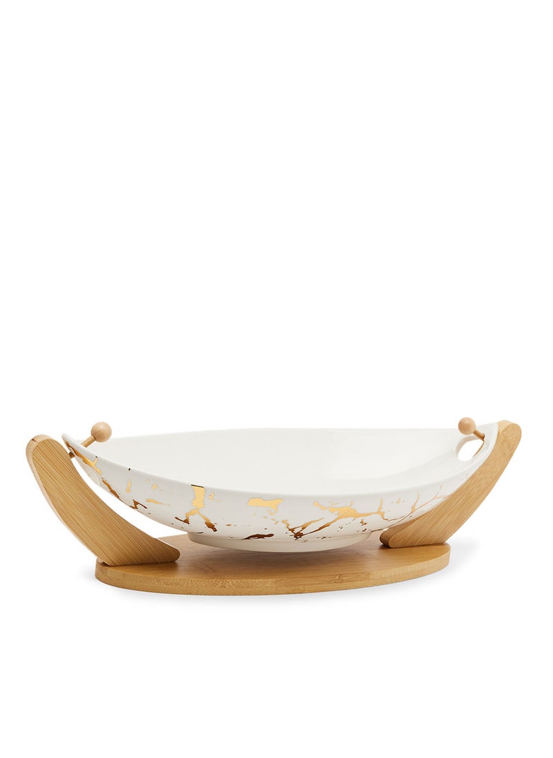 Simply Kitchen - Oval Fruit Bowl With Bamboo Tray White/Gold - Image 1