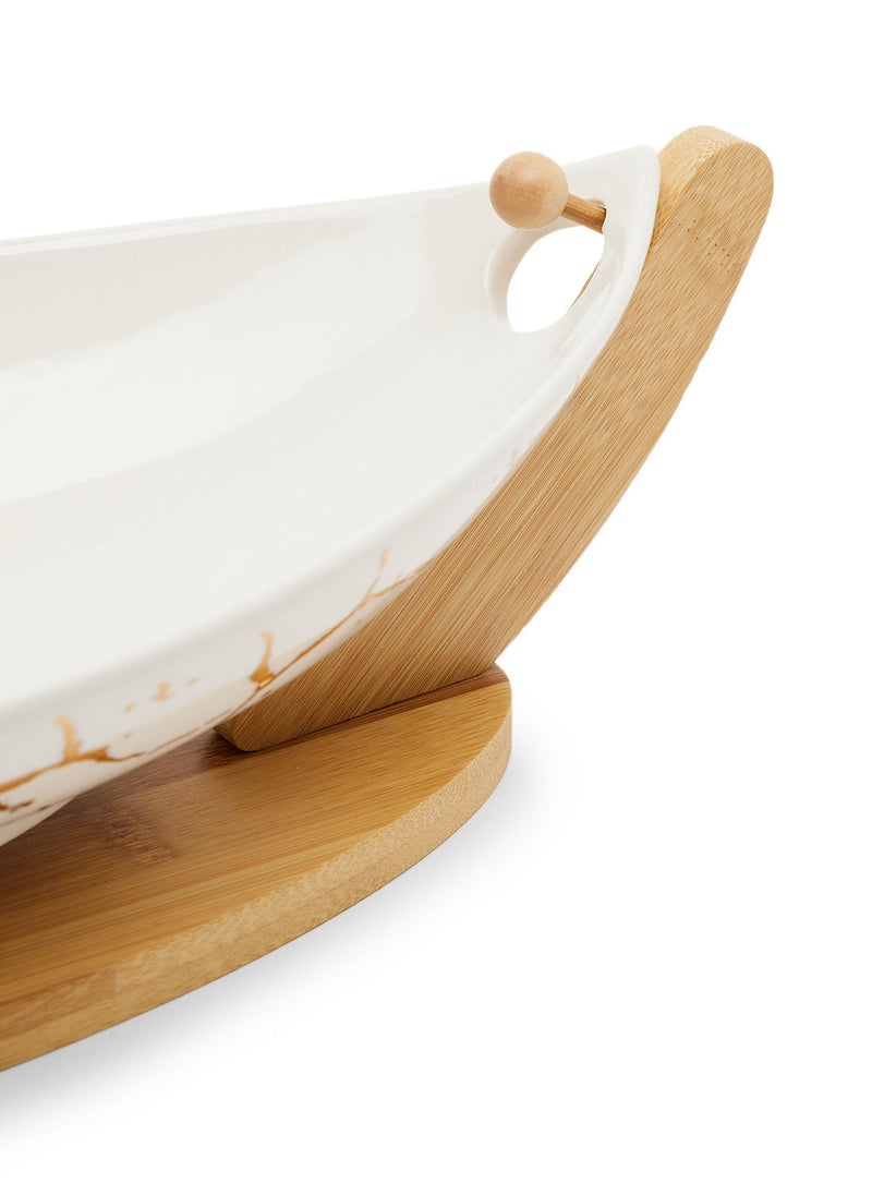 Simply Kitchen - Oval Fruit Bowl With Bamboo Tray White/Gold - Image 1
