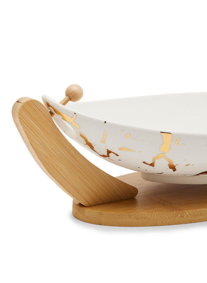 Simply Kitchen - Oval Fruit Bowl With Bamboo Tray White/Gold - Image 1