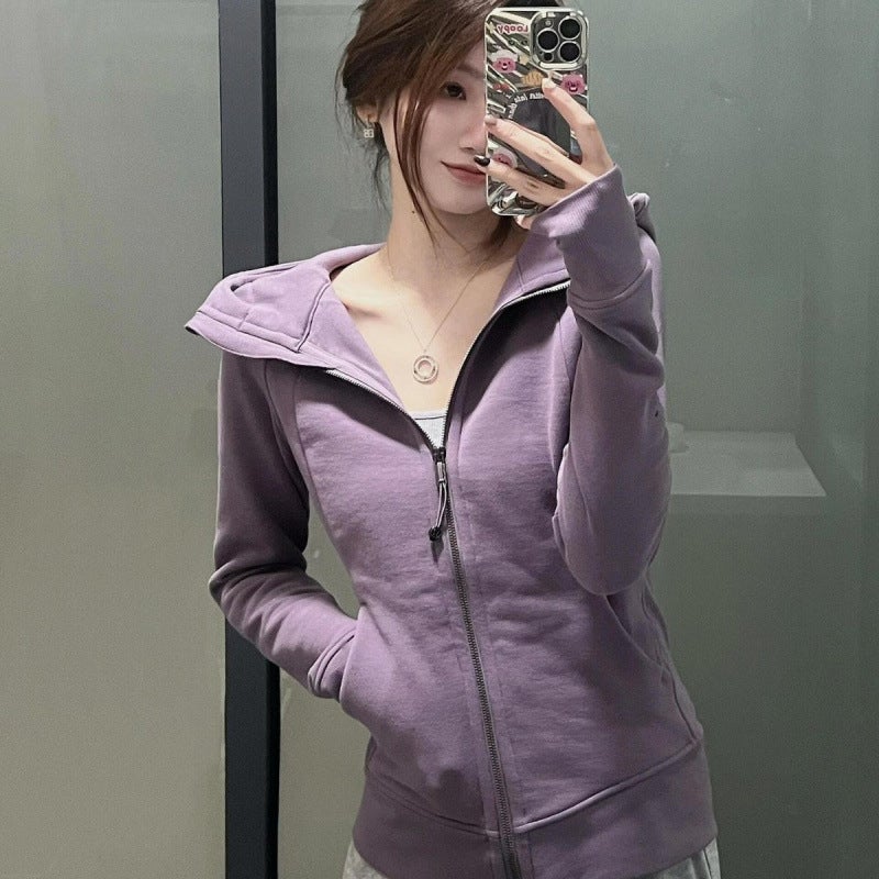 Women's Slim Fit Hooded Fleece-Lined Zip-Up Cotton Yoga Jacket - Image 3
