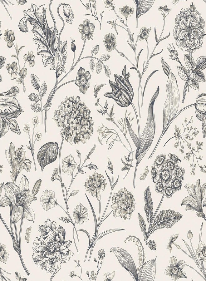 lenify Black and Beige Peel and Stick Wallpaper Botanical Contact Paper 16.9inch x 118.1inch Floral Wallpaper Peel and Stick for Bathroom Bedroom Removable Self Adhesive Wallpaper Decor Vinyl - Image 1