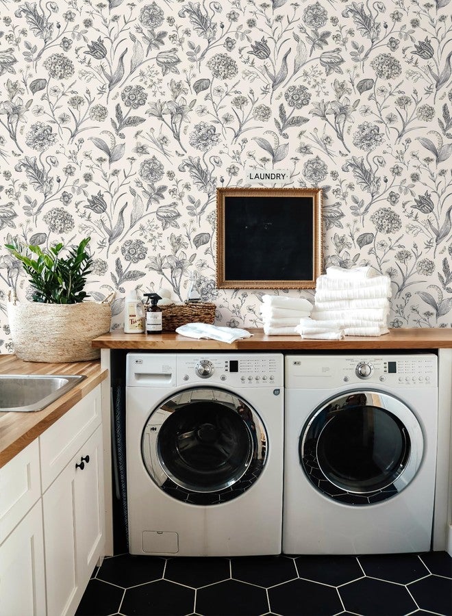 lenify Black and Beige Peel and Stick Wallpaper Botanical Contact Paper 16.9inch x 118.1inch Floral Wallpaper Peel and Stick for Bathroom Bedroom Removable Self Adhesive Wallpaper Decor Vinyl - Image 2