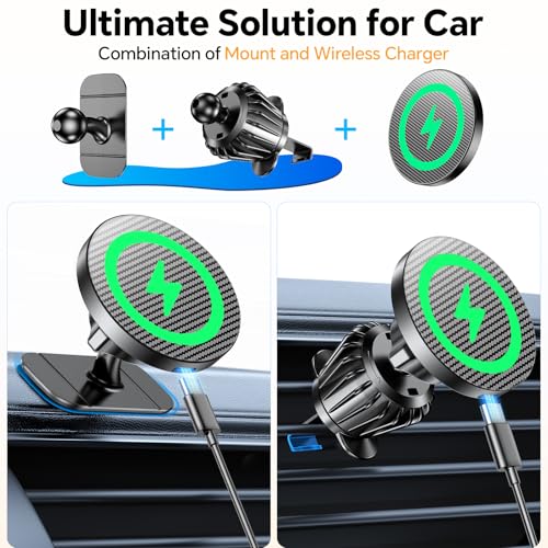 Coolpow for Magsafe Car Mount Charger【100% Stable】15W Magsafe Car Charger Magnetic Phone Holders for Your Car Accessories for Women Men car Phone Holder Wireless Car Charger for iPhone (Carbon Fiber) - Image 2