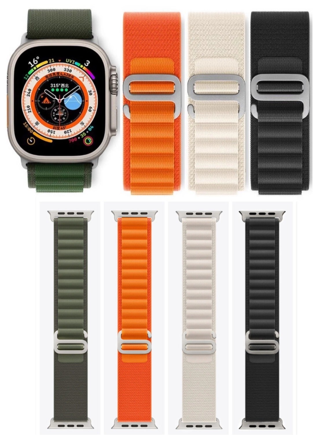 BEILINGDUN 4Pack for Apple Watch Alpine Loop Band 49mm/45mm/44mm Nylon Woven Sport Strap for Apple Watch Series 8/Ultra/7/SE/6/5/4/3/2/8 White/Green/Orange/Black