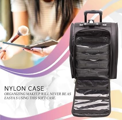 Qtavia PU Leather Large Capacity Softed Sided Trolley Makeup Train Case Cosmetics Travel Storage Organizer with Wheels Nylon Makeup Organizer Bag for Women Kit Storage Organiser with Small PVC Pouches - Image 4