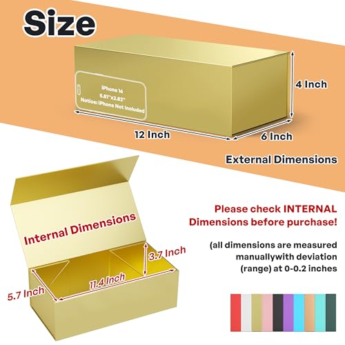 RYDDOY Gold Gift Box, 12x6x4'' Gift boxes for Presents with Lids Magnetic Closure Rectangle Collapsible for Bridesmaid Proposal Box, Wedding, Christmas, Halloween, Birthday Gift Packging - Image 2