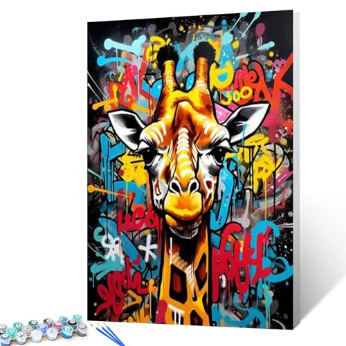 Tucocoo DIY Painting by Numbers for Adults Beginner,Giraffe Doodle Background Paint by Number on Canvas Easy to Paint for Beginner with Pigment and Brushes Unique Graffiti Without Frame 16''X20'' - Image 1