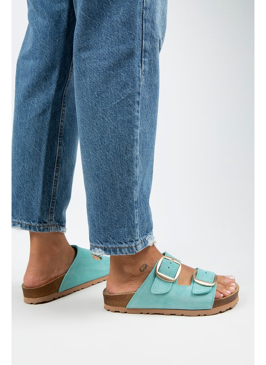 Manijero Manjero Irene Women's Leather Double Buckle Mint Green-Gold Slippers  - Image 1