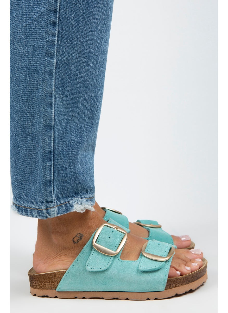 Manijero Manjero Irene Women's Leather Double Buckle Mint Green-Gold Slippers  - Image 3