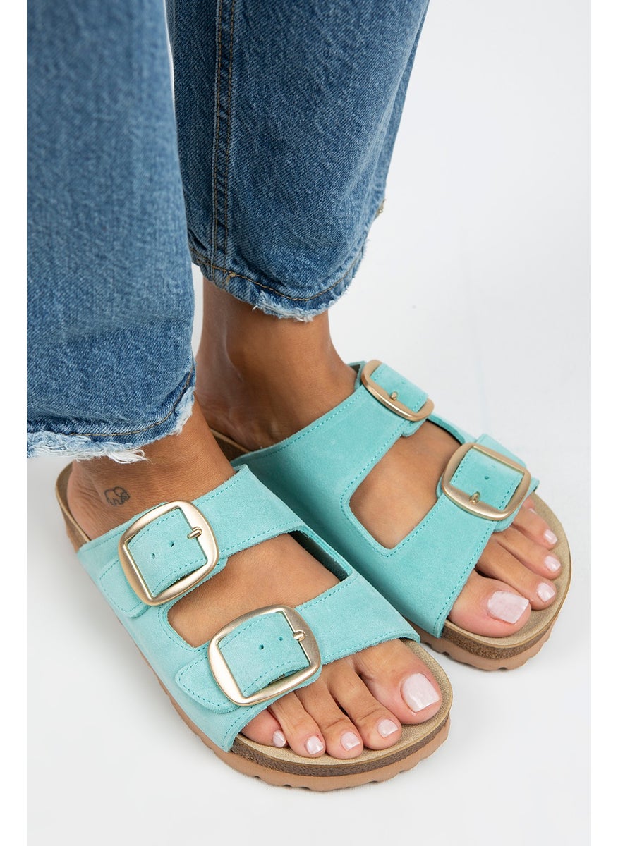 Manijero Manjero Irene Women's Leather Double Buckle Mint Green-Gold Slippers  - Image 4