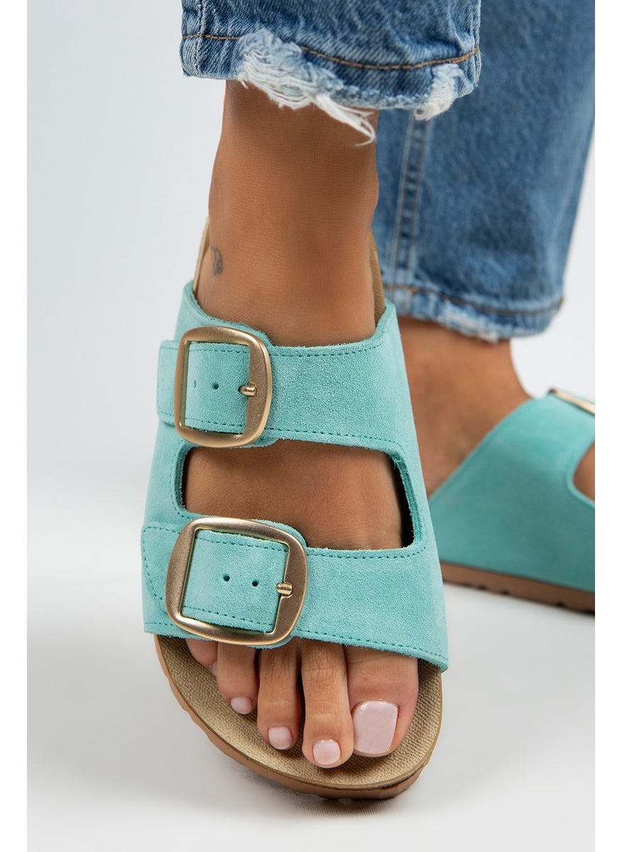 Manijero Manjero Irene Women's Leather Double Buckle Mint Green-Gold Slippers  - Image 2