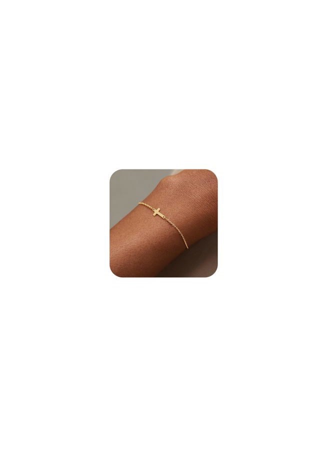 Tewiky أساور ذهبية مقاومة للماء للنساء غير قابلة للتآكل - مجموعة أساور سلسلة فضة استرلينية مطلية بالذهب عيار 14K قابلة للتعديل مجوهرات عصرية للنساء، سوار صليب ذهبي، نحاس، مكعب - Image 1