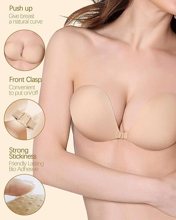 AZLVERA Strapless Adhesive Bra, Backless Push-Up Silicone Bra, Reusable Invisible Bra, Best for Size B, C, and D Cups for Party (Skin/Nude) - Image 3