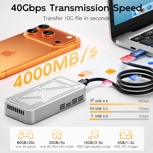 SEINIKAY 40Gbps M.2 NVME Enclosure with Cooling Fan,USB 4 NVMe Enclosure,Compatible with Thunderbolt 4/3/USB3.2/3.1/3.0/2.0 - Image 3