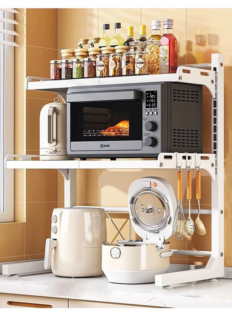 VUCATIN Metal Microwave Oven Rack Shelf Expandable Kitchen Supplies Tableware Storage Counter Space Saver Cabinet Organizer Spice Holder with 6 Hooks Chopping Block Frame Tool Holder Chopsticks Tube  (3 Layers of White)  - Image 1