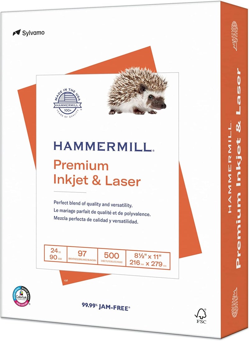 Hammermill Printer Paper, Premium Inkjet & Laser Paper 24 Lb, 8.5 X 11-1 Ream (500 Sheets) - 97 Bright, Made In The Usa, 166140R - Image 1