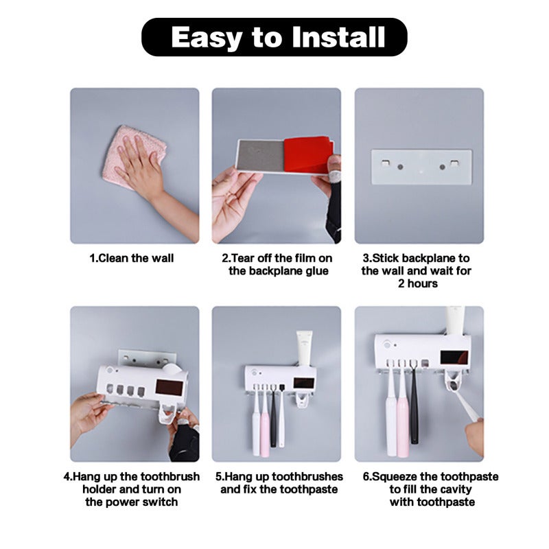 UV Toothbrush Sanitizer Holder : Wall Mount Solar Rechargeable - 99.9% Sterilizing Rate Infrared Induction Automatic Toothpaste Dispenser for Bathroom Oral Care Organization - Image 3