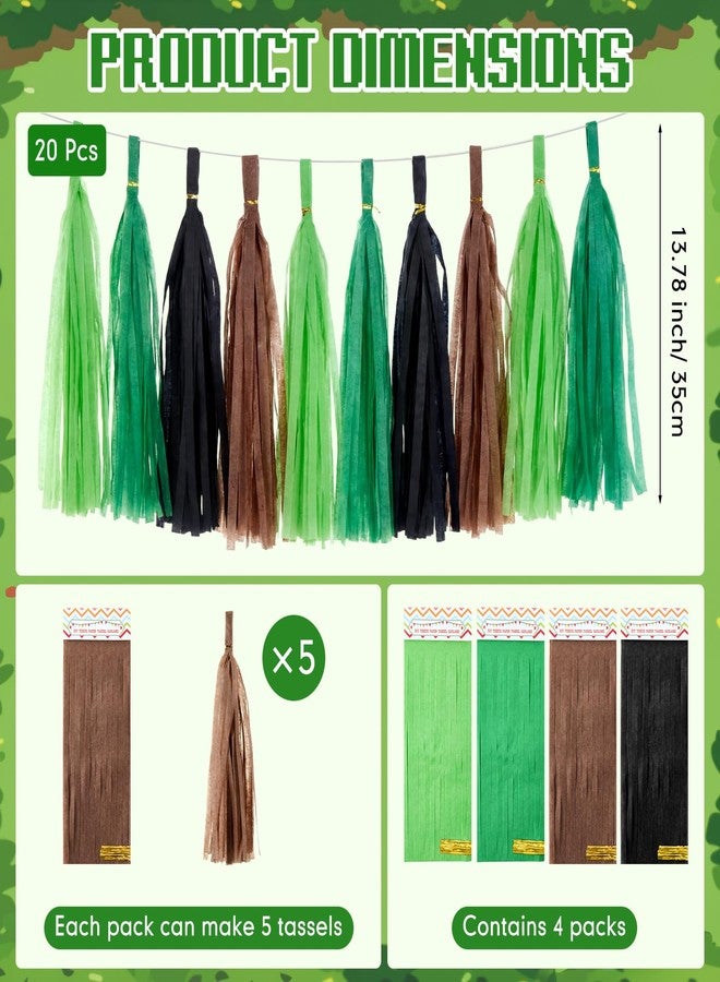 Epakh 20 Packs Black/Green/Brown Tassel Dinosaur Garland Banner Paper Tassels for Pixel Party Decorations, Video Game Birthday Supplies, Jungle Camo Army Camp Natural Theme Green Party Decor - Image 2