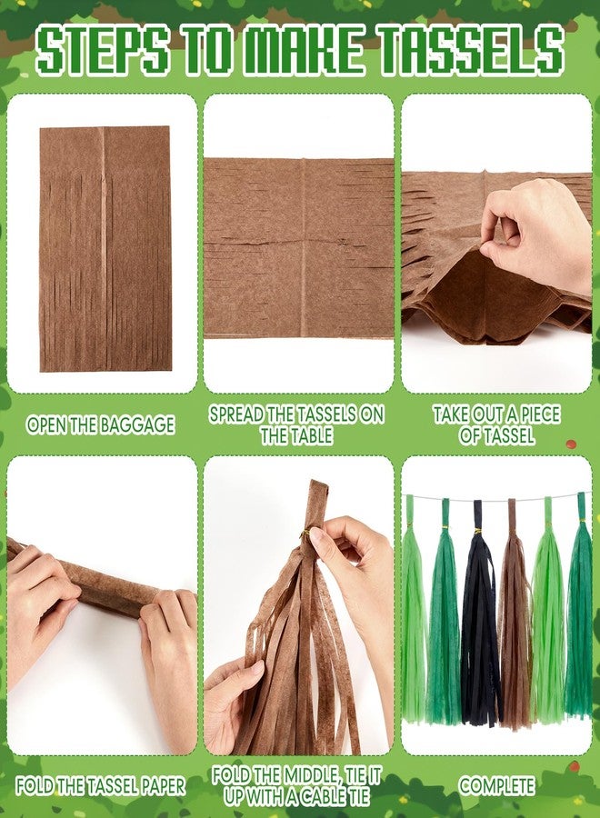 Epakh 20 Packs Black/Green/Brown Tassel Dinosaur Garland Banner Paper Tassels for Pixel Party Decorations, Video Game Birthday Supplies, Jungle Camo Army Camp Natural Theme Green Party Decor - Image 4