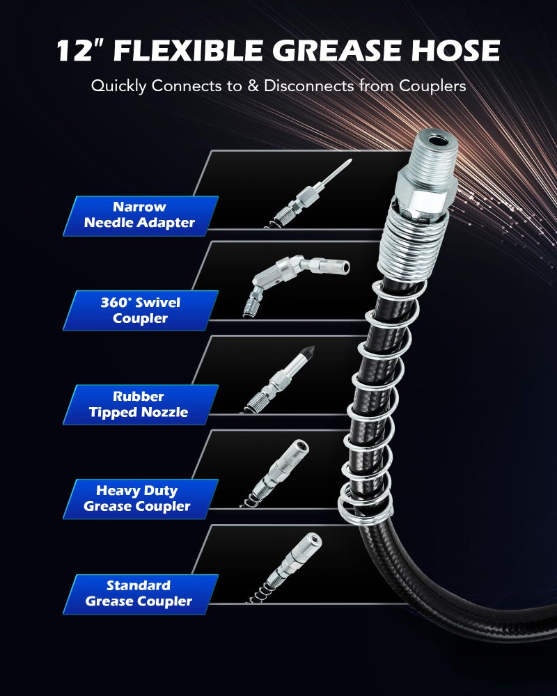 Orion Motor Tech طقم ملحقات مسدس الشحم من أوريون موتور تك، مجموعة موصلات مسدس الشحم 11 قطعة للوصلات الصعبة، محولات شحم ثقيلة الوزن مع حامل خرطوم مسدس الشحم - Image 4