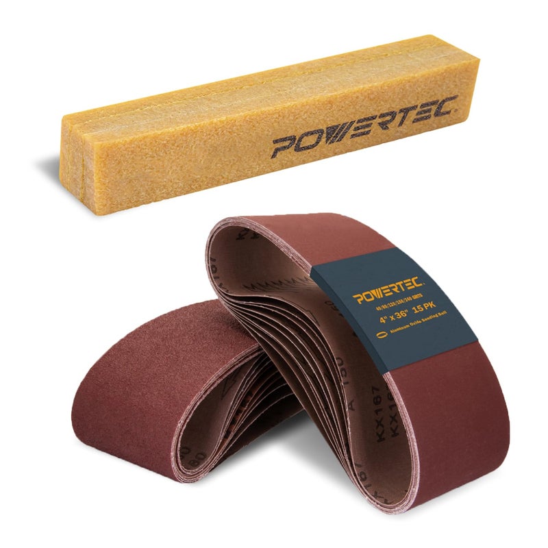 POWERTEC 15PK 4x36 Sanding Belts 3 Each of 4080120150240 Grit Aluminum Oxide wNatural Rubber Eraser 4 x 36 Inch Sanding Belts for Benchtop Belt and Disc Sander 110116